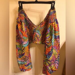 Colorful Smocked Off-Shoulder Crop Top - Multicolor